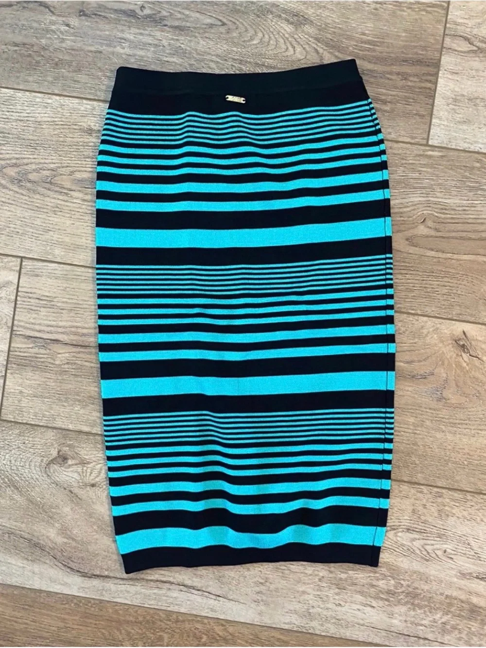 bebe Black and Teal Striped Knit Midi Skirt